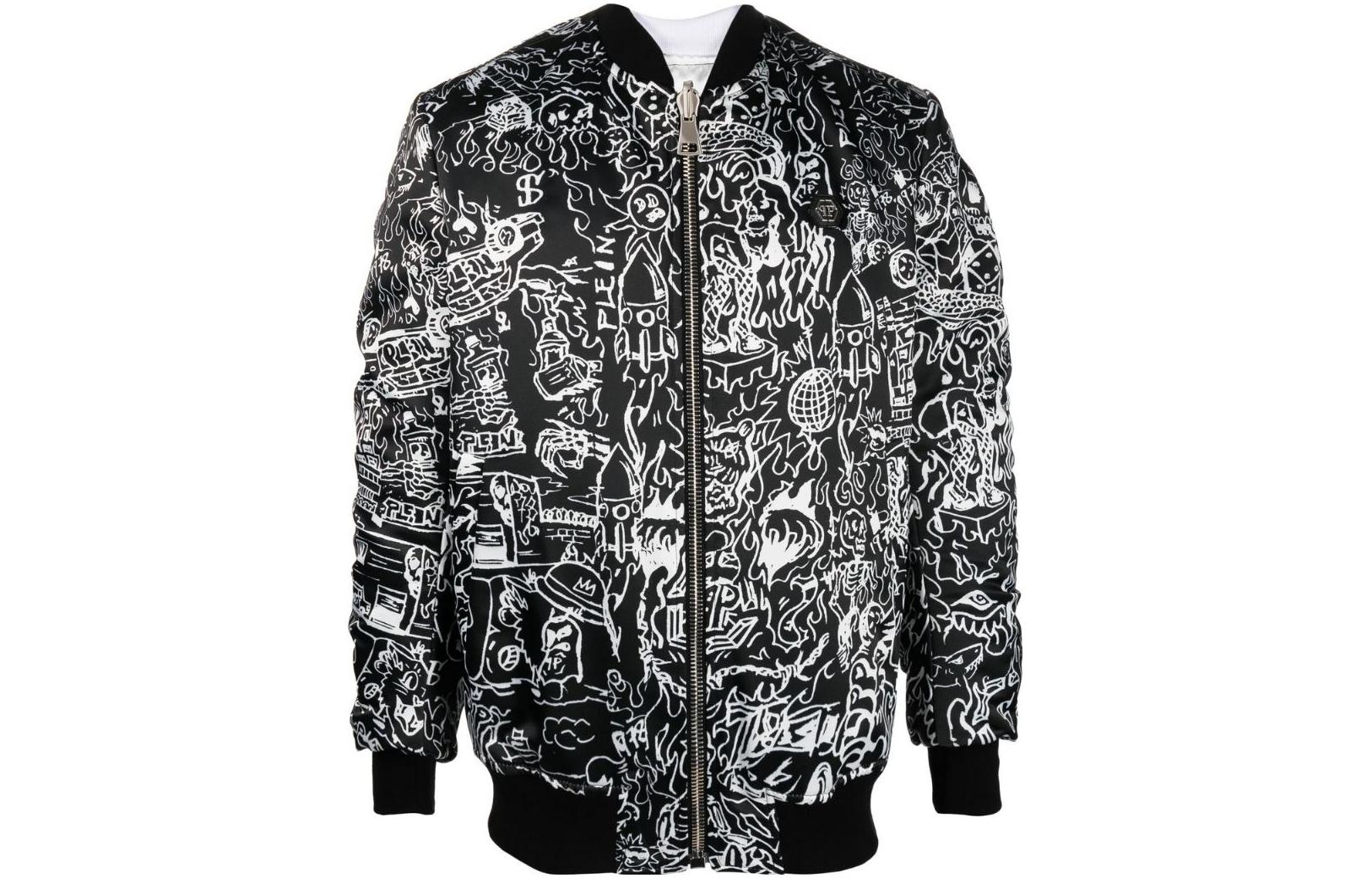 PHILIPP PLEIN SS23 Skull Print All-Over Bomber Jacket Men’s Black FABC-MRB2035-PTE028N-02