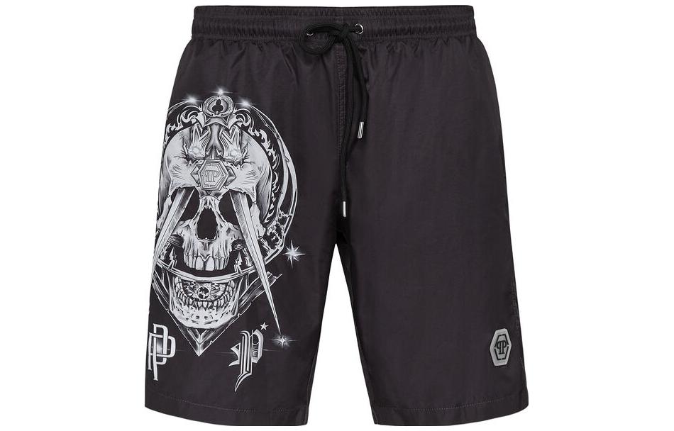 Philipp Plein SS23 Skull Print Drawstring Beach Shorts Black . SABC-MMT0306-PTE003N-02
