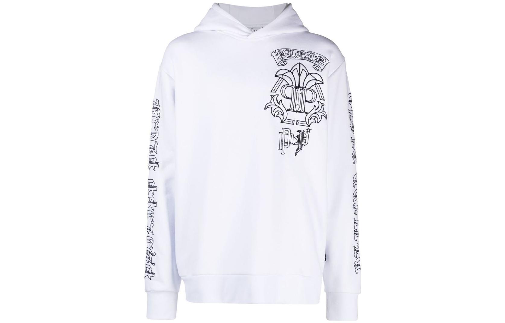 PHILIPP PLEIN SS23 Skull Print Logo Embroidered Hoodie White PACCMJB3011PJO002N-01