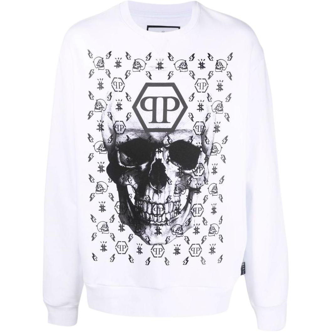 PHILIPP PLEIN SS23 Skull Print Unisex White Sweatshirt PABC-UJO0053-PJO002N-01