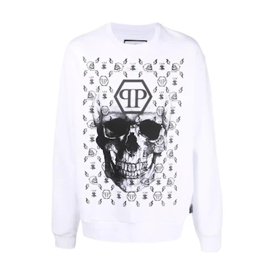 PHILIPP PLEIN SS23 Skull Print Unisex White Sweatshirt PABC-UJO0053-PJO002N-01