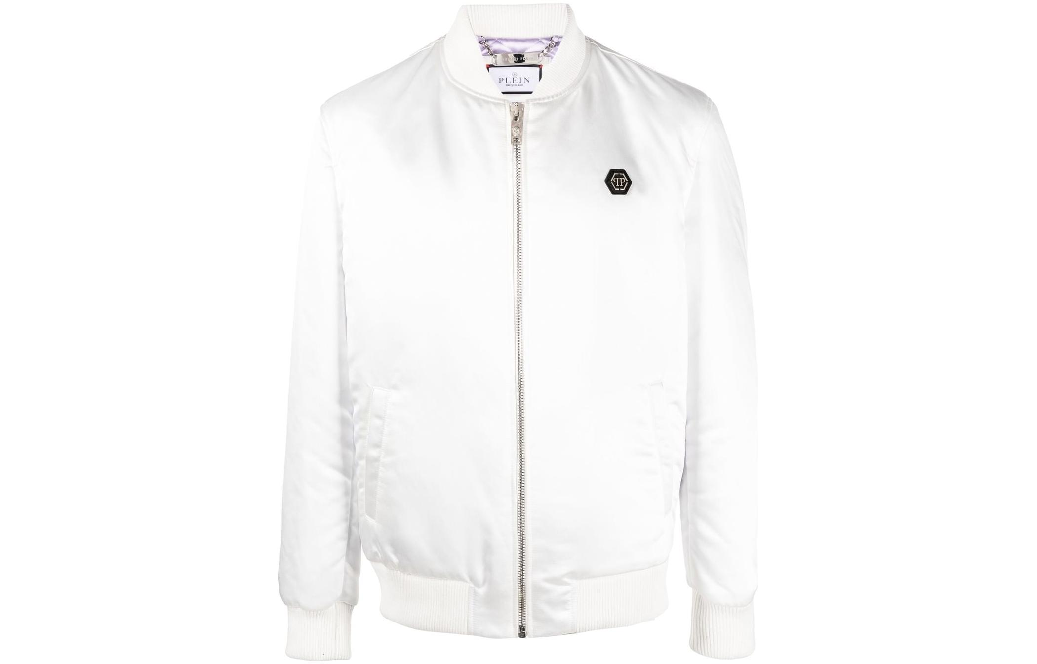 PHILIPP PLEIN SS23 Skull Print Zipper Bomber Jacket - White PACC-MRB2221-PTE003N-0121