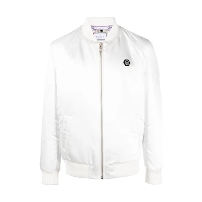 PHILIPP PLEIN SS23 Skull Print Zipper Bomber Jacket - White PACC-MRB2221-PTE003N-0121