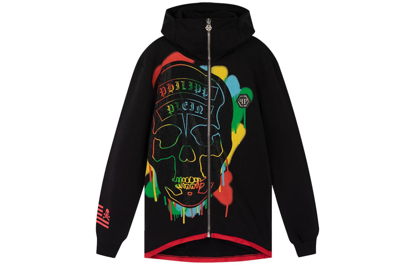 PHILIPP PLEIN SS23 Skull Rhinestone Zipper Hoodie Black F17C-MJB0107-PJO002N-02