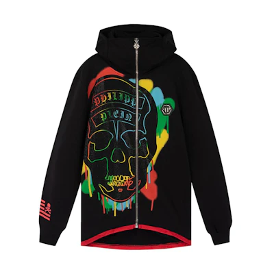 PHILIPP PLEIN SS23 Skull Rhinestone Zipper Hoodie Black F17C-MJB0107-PJO002N-02