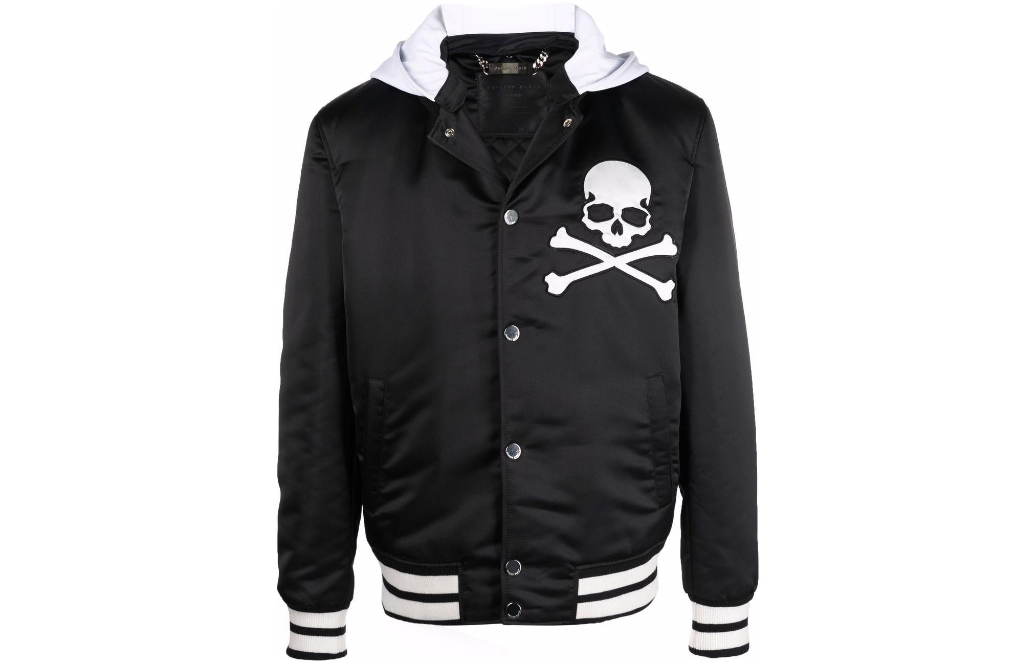 PHILIPP PLEIN SS23 Striped Skull Embroidered Hooded Jacket Black SABC-MRB1880-PTE003N-02