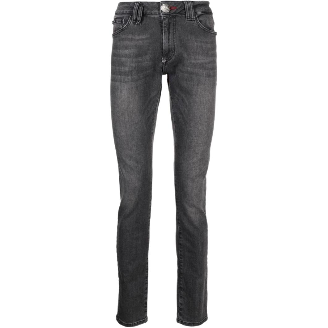 PHILIPP PLEIN SS23 Washed Distressed Logo Patch Embroidered  Jeans. LABC-MDT3452-PDE004N-10OR