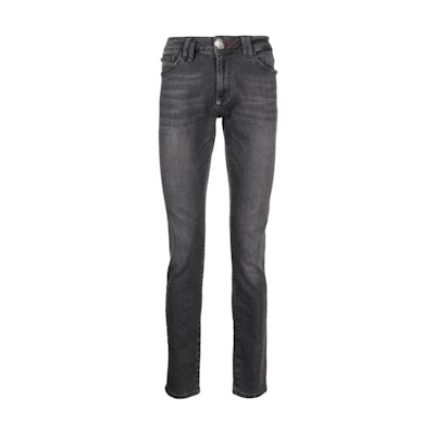 PHILIPP PLEIN SS23 Washed Distressed Logo Patch Embroidered Jeans. LABC-MDT3452-PDE004N-10OR