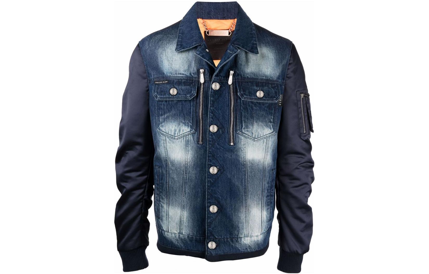 PHILIPP PLEIN SS23 Washed Single-Breasted Patchwork Jacket Blue SABC-MDB0373-PDE004N-14WS