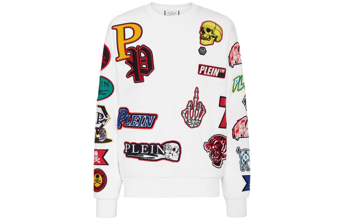 PHILIPP PLEIN SS23 White Logo Skull Patch Unisex Long Sleeve Sweatshirt PABC-UJO0043-PJO002N-01