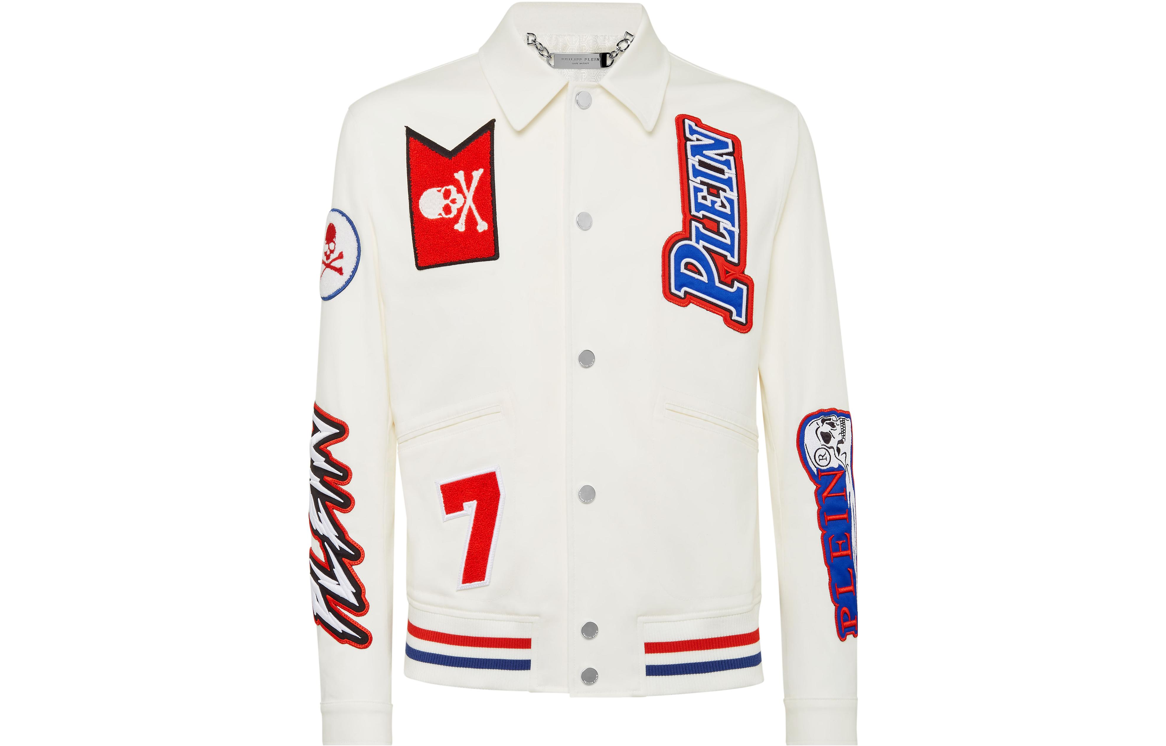 PHILIPP PLEIN SS23 White Single-Breasted Jacket with Logo Patch PABC-MRB1898-PTE003N-01