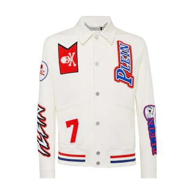 PHILIPP PLEIN SS23 White Single-Breasted Jacket with Logo Patch PABC-MRB1898-PTE003N-01