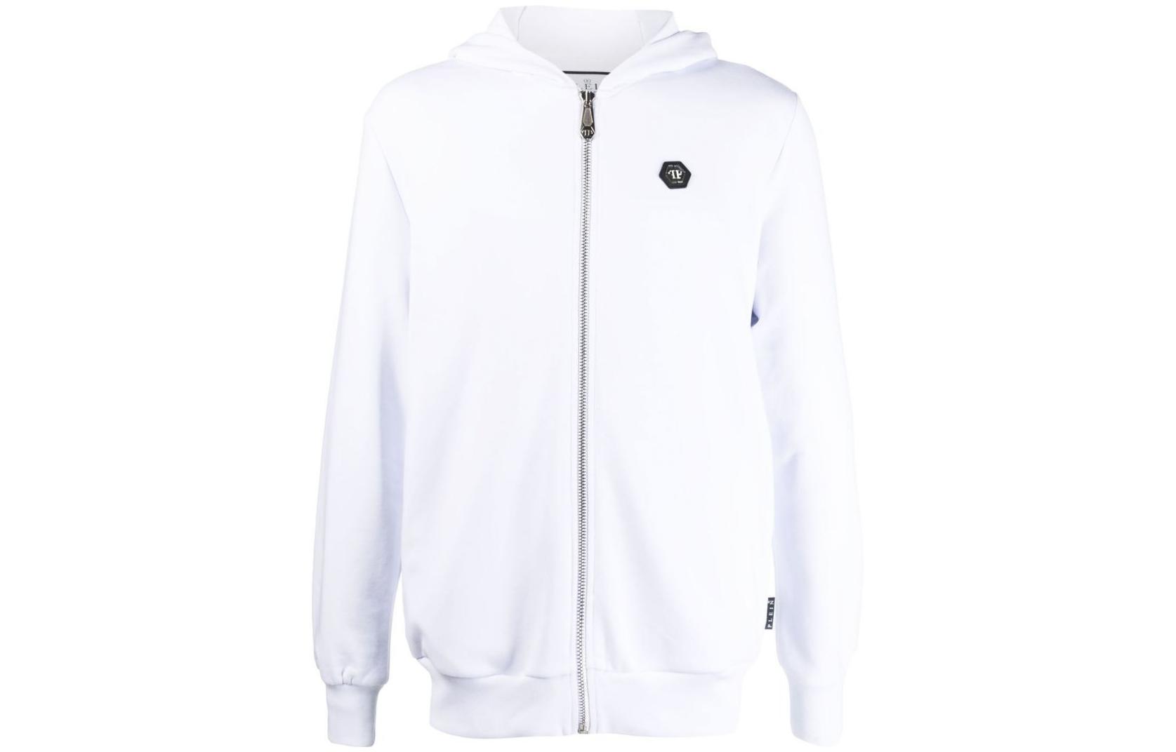 PHILIPP PLEIN SS23 White Zip-Up Hoodie with Logo Patch for Men FABC-MJB2722-PJY002N-01