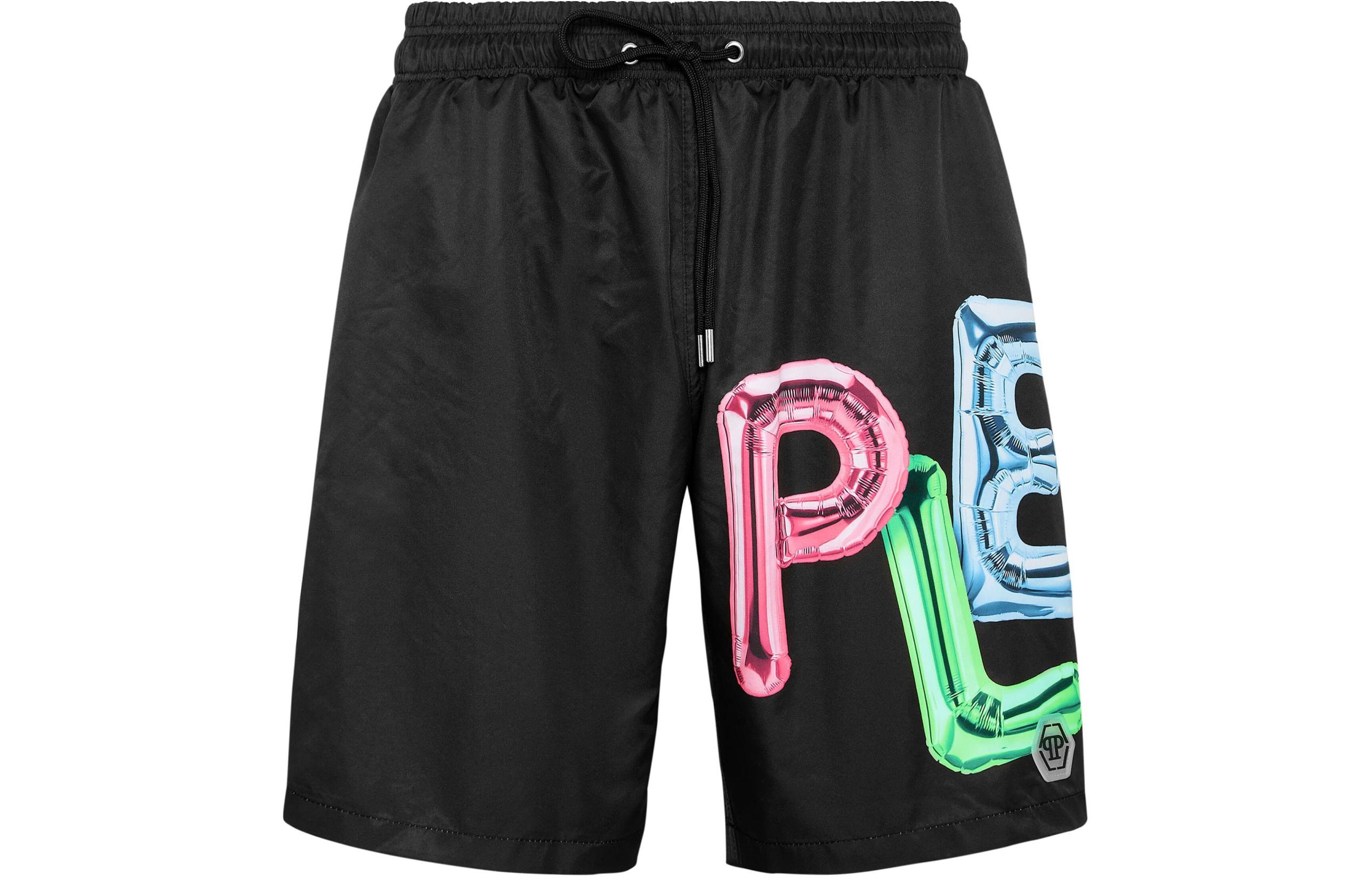 PHILIPP PLEIN SS24  Black Logo Print Drawstring Beach Shorts PADC-MMX0143-PNY002N-02