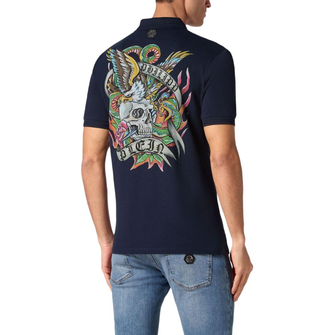 Shop PHILIPP PLEIN SS24 Polo Azul con Estampado de Calavera Animal. FADC-MTK7393-PJY002N-02
