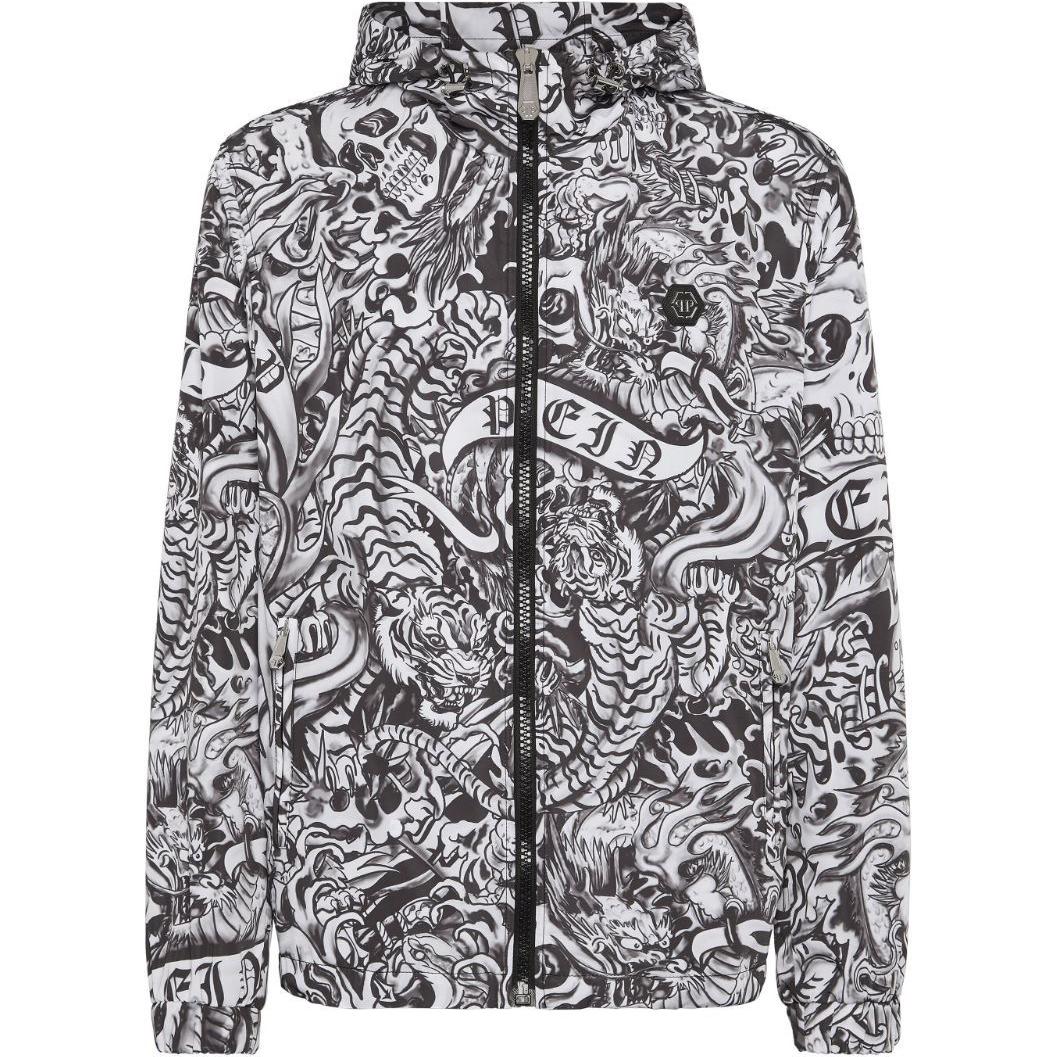 PHILIPP PLEIN SS24 All-Over Graphic Hoodie Zip Jacket Men’s Grey FADC-MRB2427-PNY002N-GRAY