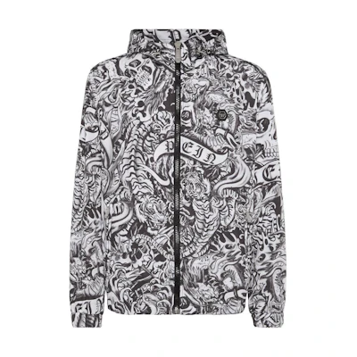PHILIPP PLEIN SS24 All-Over Graphic Hoodie Zip Jacket Men’s Grey FADC-MRB2427-PNY002N-GRAY