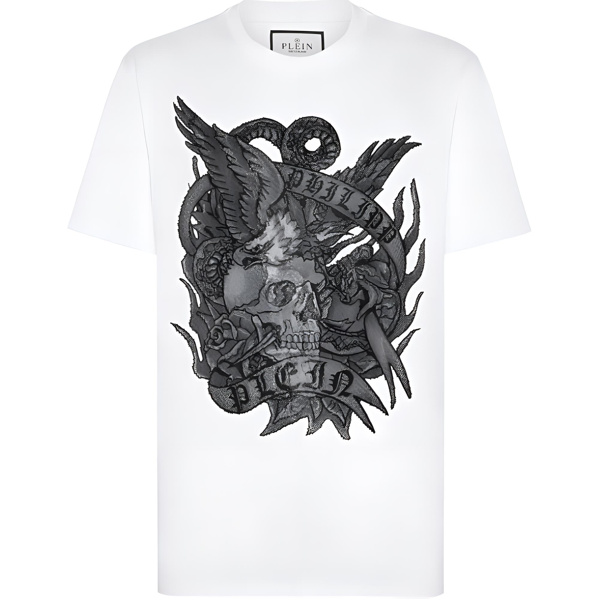 PHILIPP PLEIN SS24 Appliqué Logo Crewneck Short Sleeve T-Shirt White Mens FADC-MTK7390-PJY002N