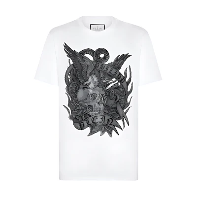 PHILIPP PLEIN SS24 Appliqué Logo Crewneck Short Sleeve T-Shirt White Mens FADC-MTK7390-PJY002N