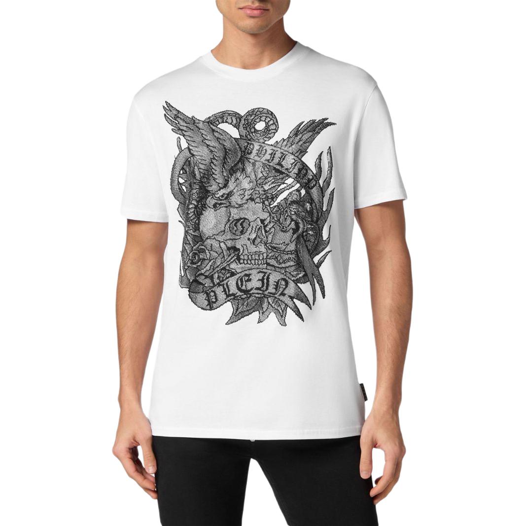 Purchase PHILIPP PLEIN SS24 白色男士刺繡標誌短袖圓領T恤 FADC-MTK7390-PJY002N