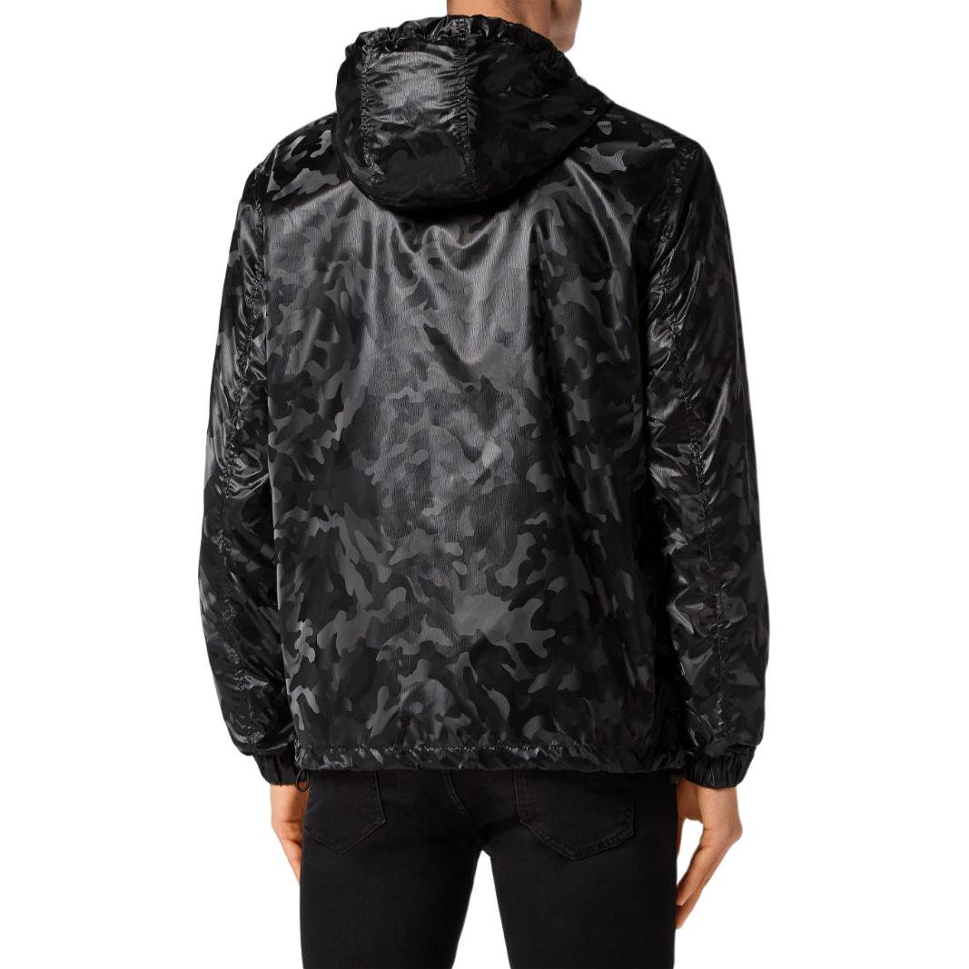 Lookbook PHILIPP PLEIN SS24 黑色迷彩印花连帽拉链夹克 FADC-MRB2501-PNY002N-0202