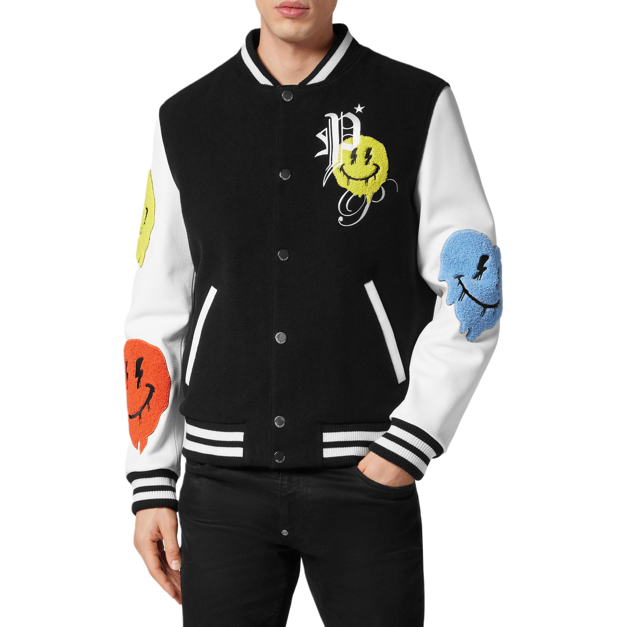 Shop PHILIPP PLEIN SS24 Jaket Kasual Hitam Cetakan Graffiti Lelaki. SADC-MLB1835-PTE120N-02