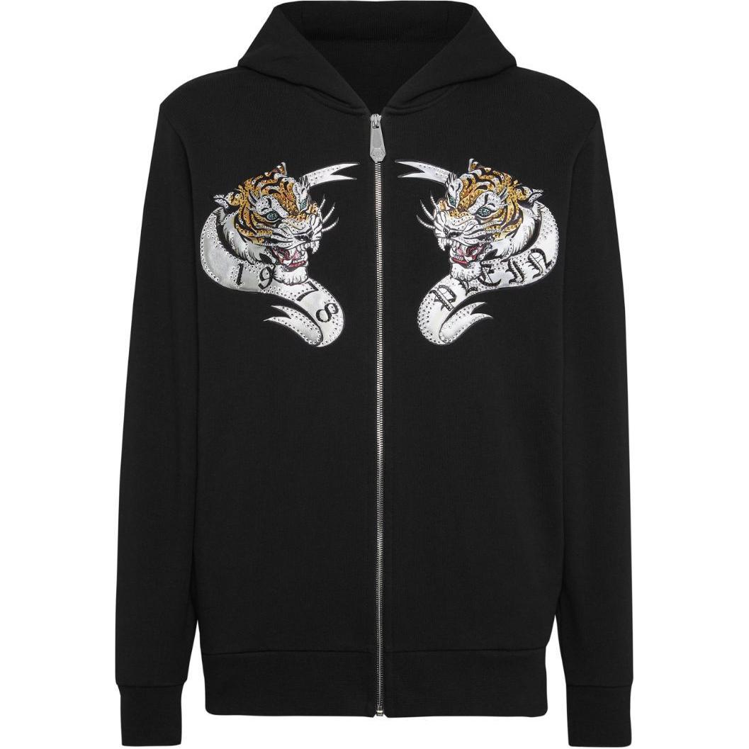 PHILIPP PLEIN SS24 Black Hoodie with Tiger Print and Zipper FADC-MJB3520-PJY002N-BLACK