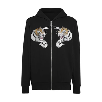 PHILIPP PLEIN SS24 Black Hoodie with Tiger Print and Zipper FADC-MJB3520-PJY002N-BLACK