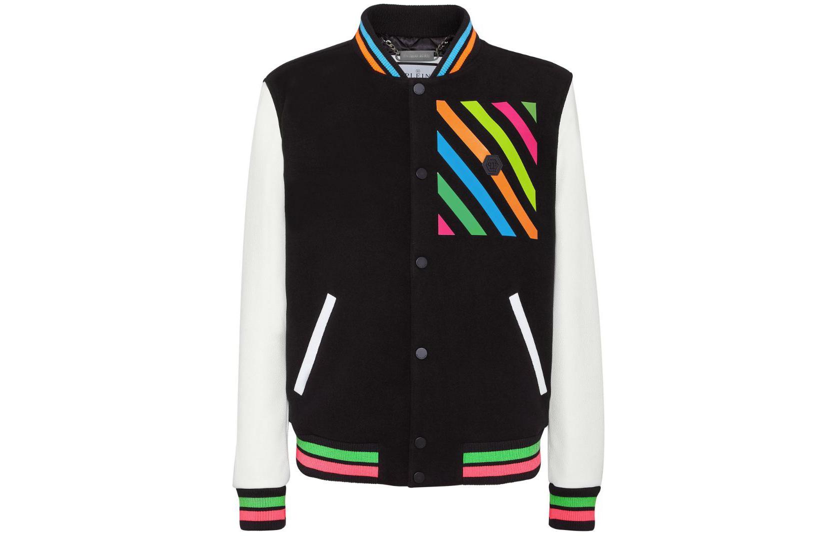 PHILIPP PLEIN SS24 Black Logo Patch Bomber Jacket with Baseball Collar PADC-MLB1811-PTE120N-0201