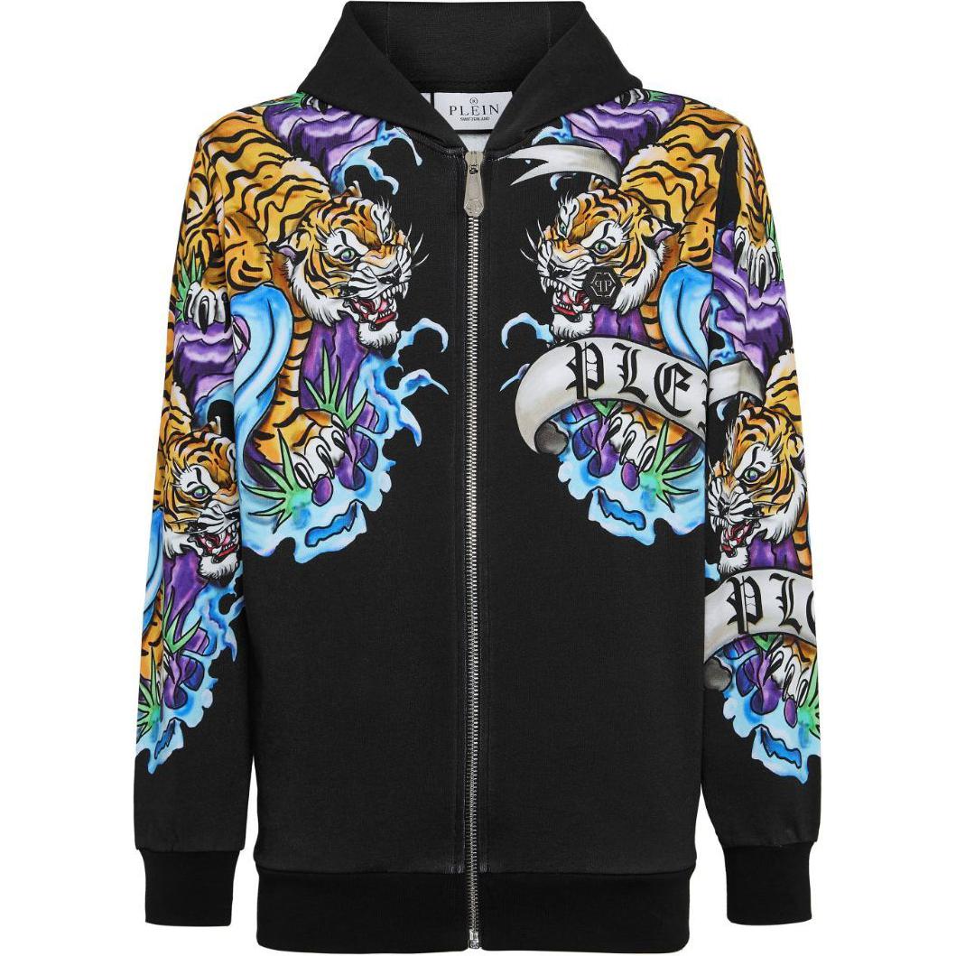 PHILIPP PLEIN SS24 Black Logo Tattoo Print Zip Hoodie FADC-MJB3272-PJO002N-Black