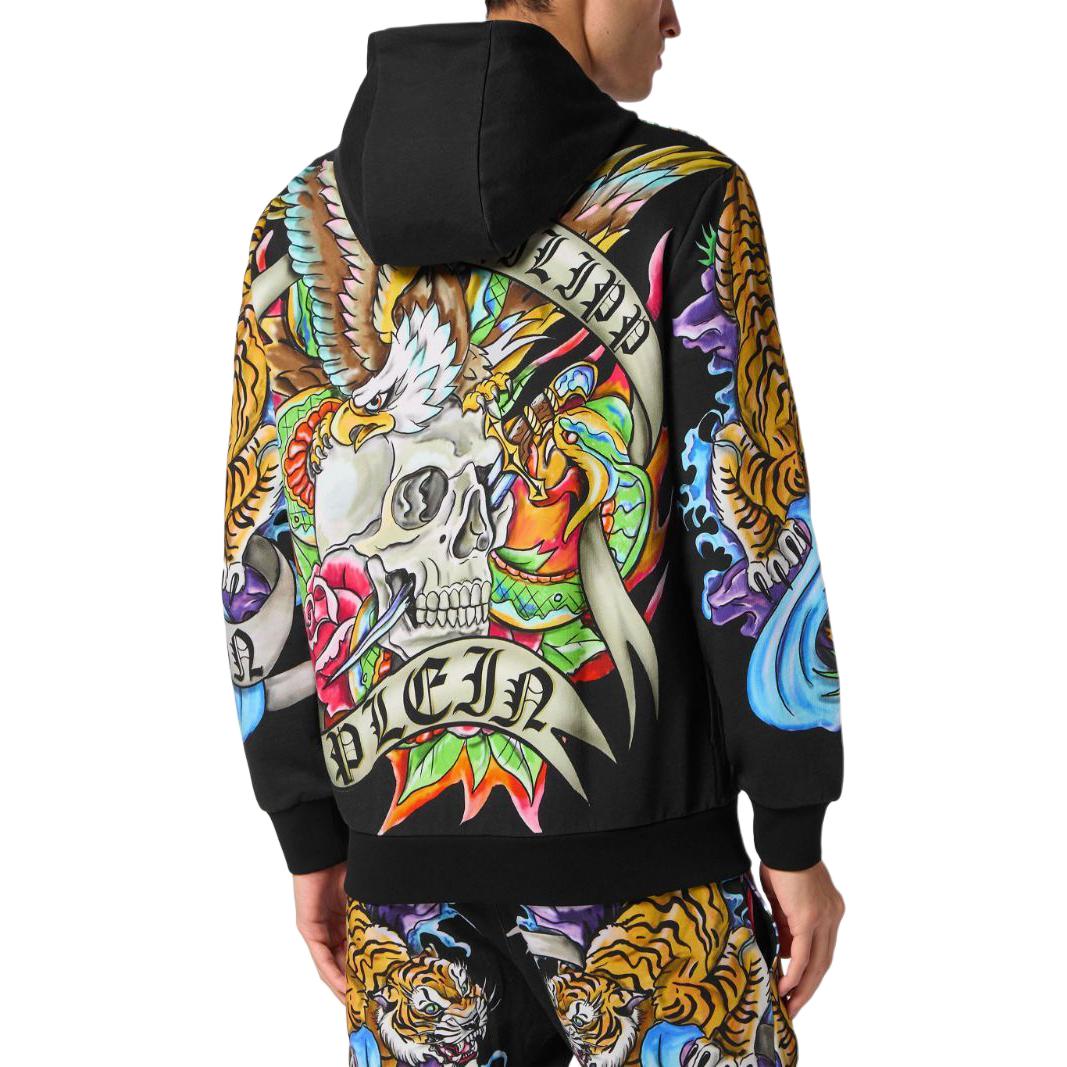 Shop 菲利普普莱因 SS24 黑色徽标纹身印花拉链连帽衫 FADC-MJB3272-PJO002N-Black FADC-MJB3272-PJO002N-BLACK