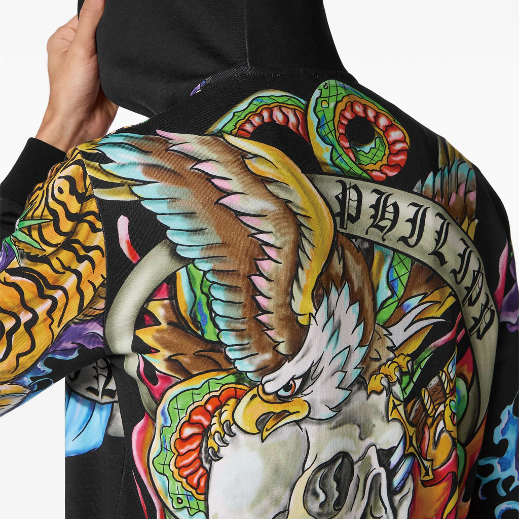 Sizing 菲利普普莱因 SS24 黑色徽标纹身印花拉链连帽衫 FADC-MJB3272-PJO002N-Black FADC-MJB3272-PJO002N-BLACK