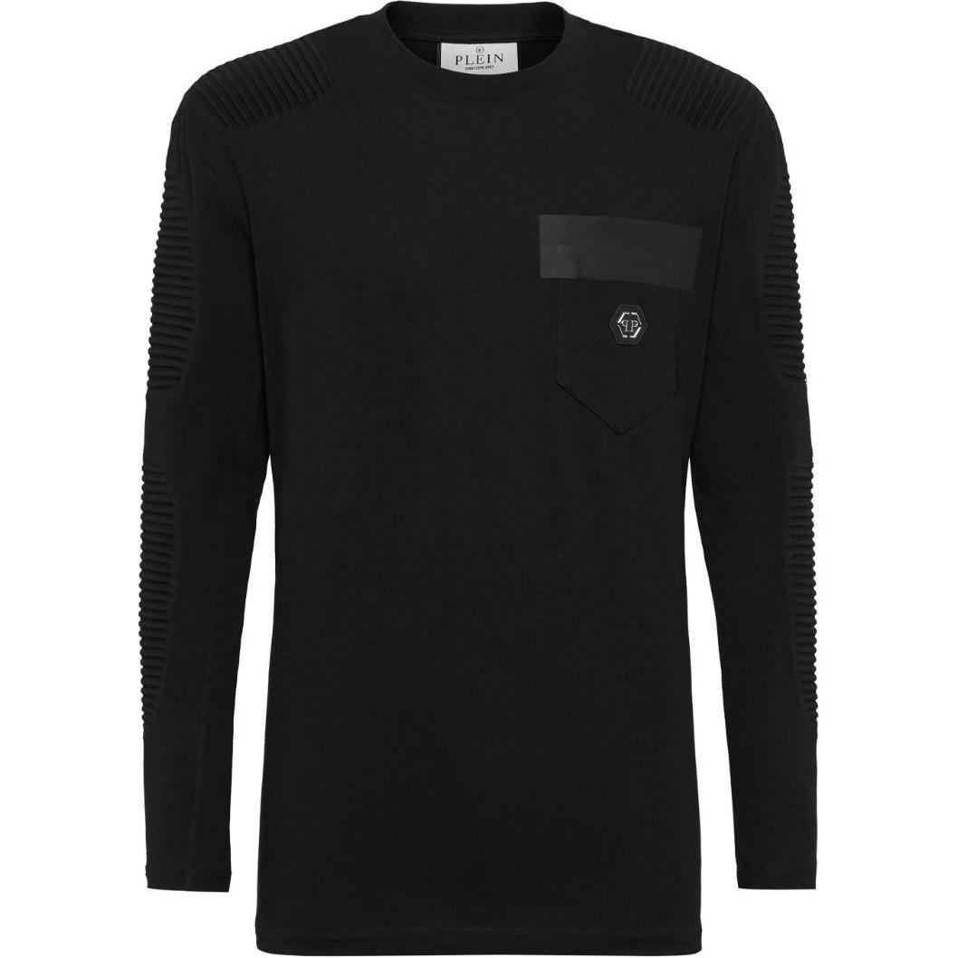 PHILIPP PLEIN SS24 Black Solid Logo Patch Crewneck Long Sleeve Sweatshirt Men FADC-MJO1243-PJY002N-02