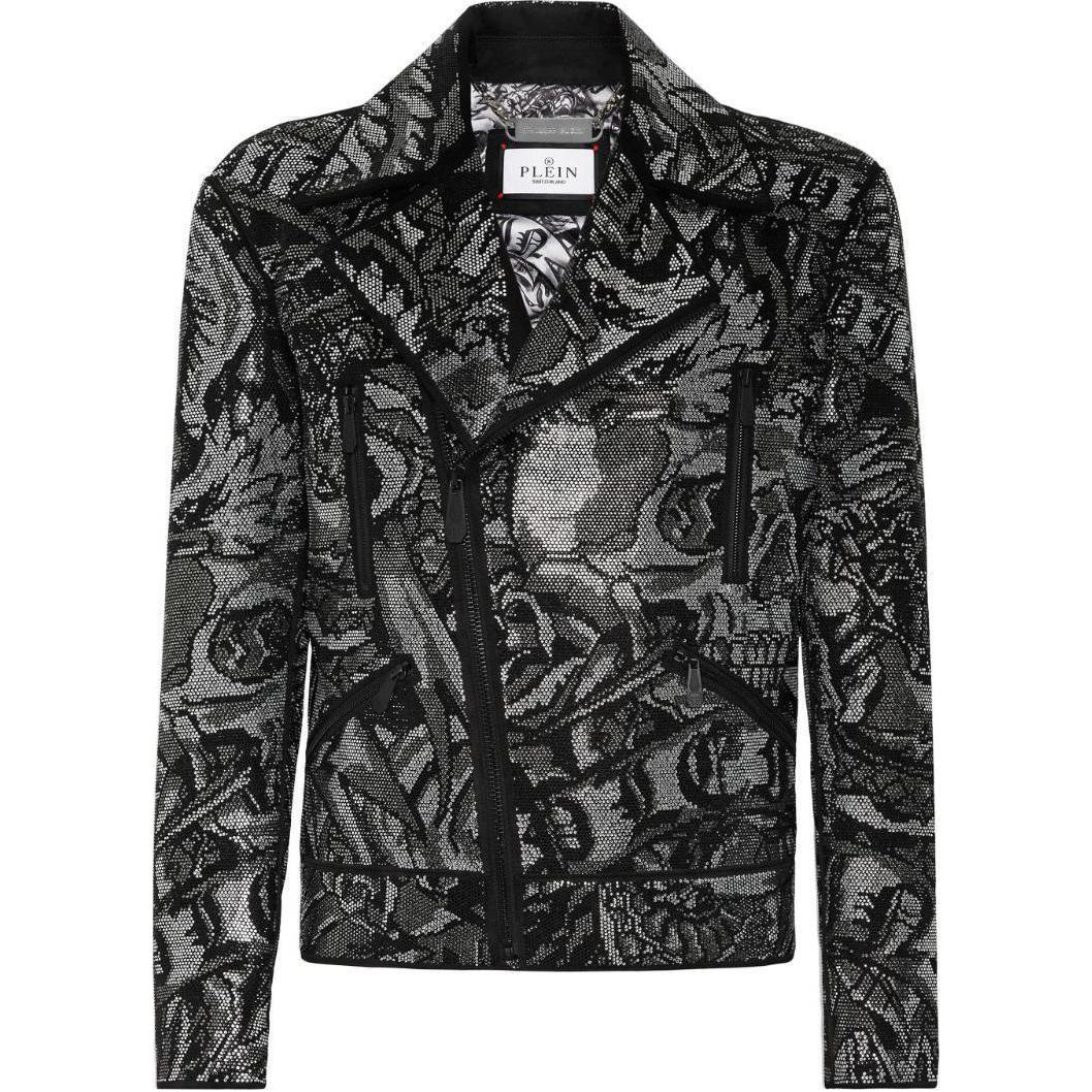 PHILIPP PLEIN SS24 Black Tattoo Print Zip Pocket Jacket FADC-MLB1841-PLE010N-BLACK