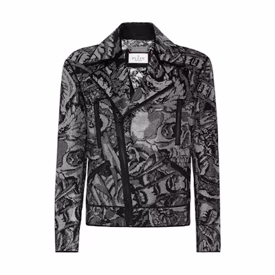 PHILIPP PLEIN SS24 Black Tattoo Print Zip Pocket Jacket FADC-MLB1841-PLE010N-BLACK