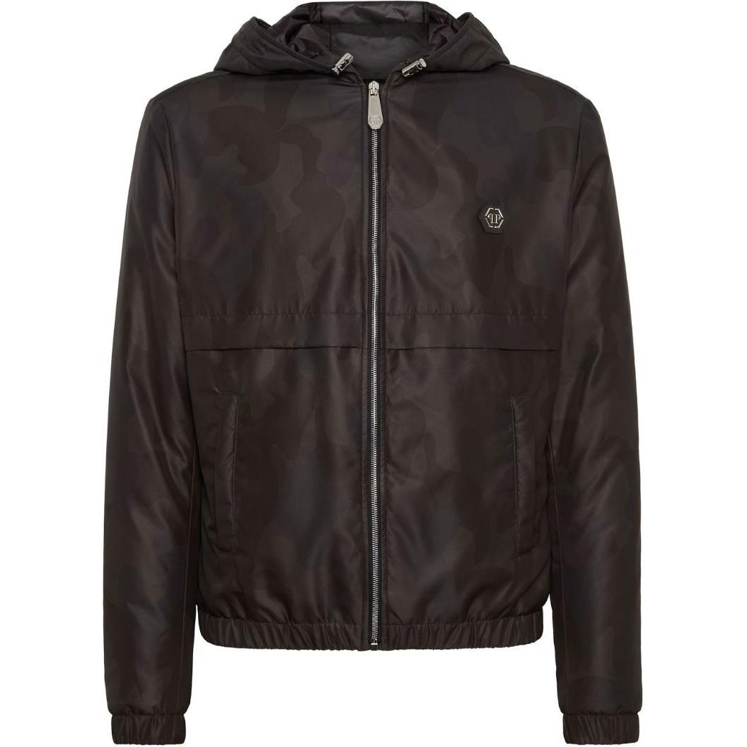 PHILIPP PLEIN SS24 Camo Print Hooded Zip Jacket Black FADC-MRB2493-PNY002N-0250