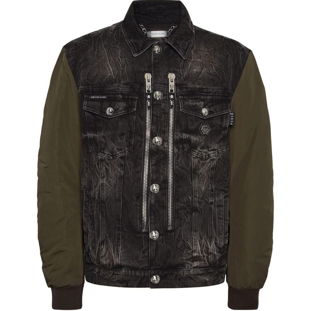 PHILIPP PLEIN SS24 Color-Block Denim Jacket with Pockets Black Long Sleeve FADC-MDB0625-PDE004N-10GN