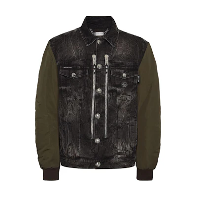 PHILIPP PLEIN SS24 Color-Block Denim Jacket with Pockets Black Long Sleeve FADC-MDB0625-PDE004N-10GN