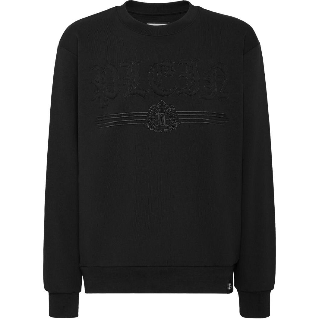 PHILIPP PLEIN SS24 Embossed Logo Crewneck Pullover Sweatshirt Black FADC-MJO1253-PJY002N-BLACK