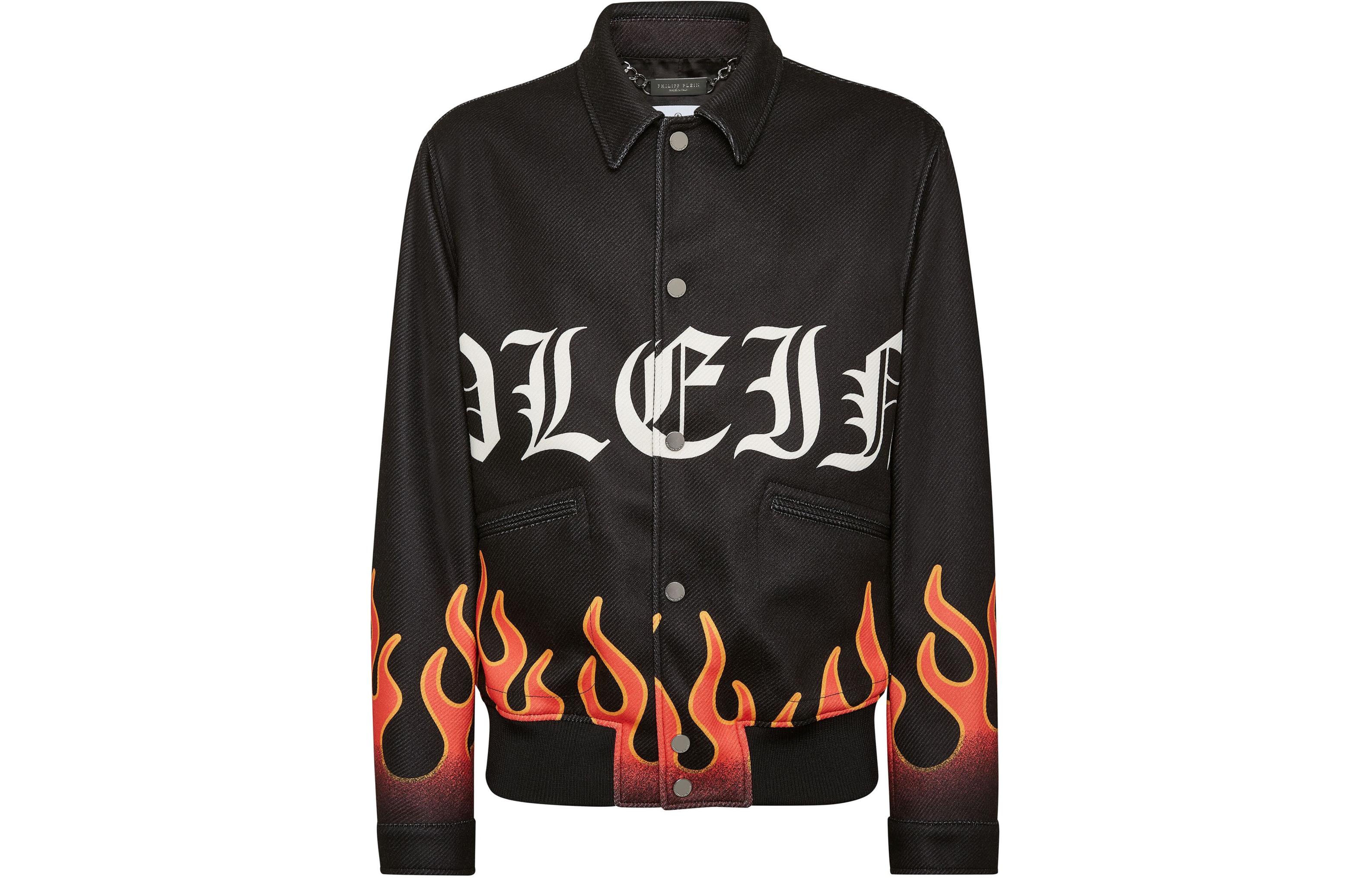 PHILIPP PLEIN SS24 Flame Print Single-Breasted Bomber Jacket Obsidian Black SADC-MRB2355-PTE003N-02