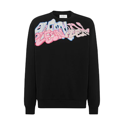 PHILIPP PLEIN SS24 Graffiti Letter Print Crewneck Sweatshirt Black Men’s PADC-MJO1173-PJO002N-02