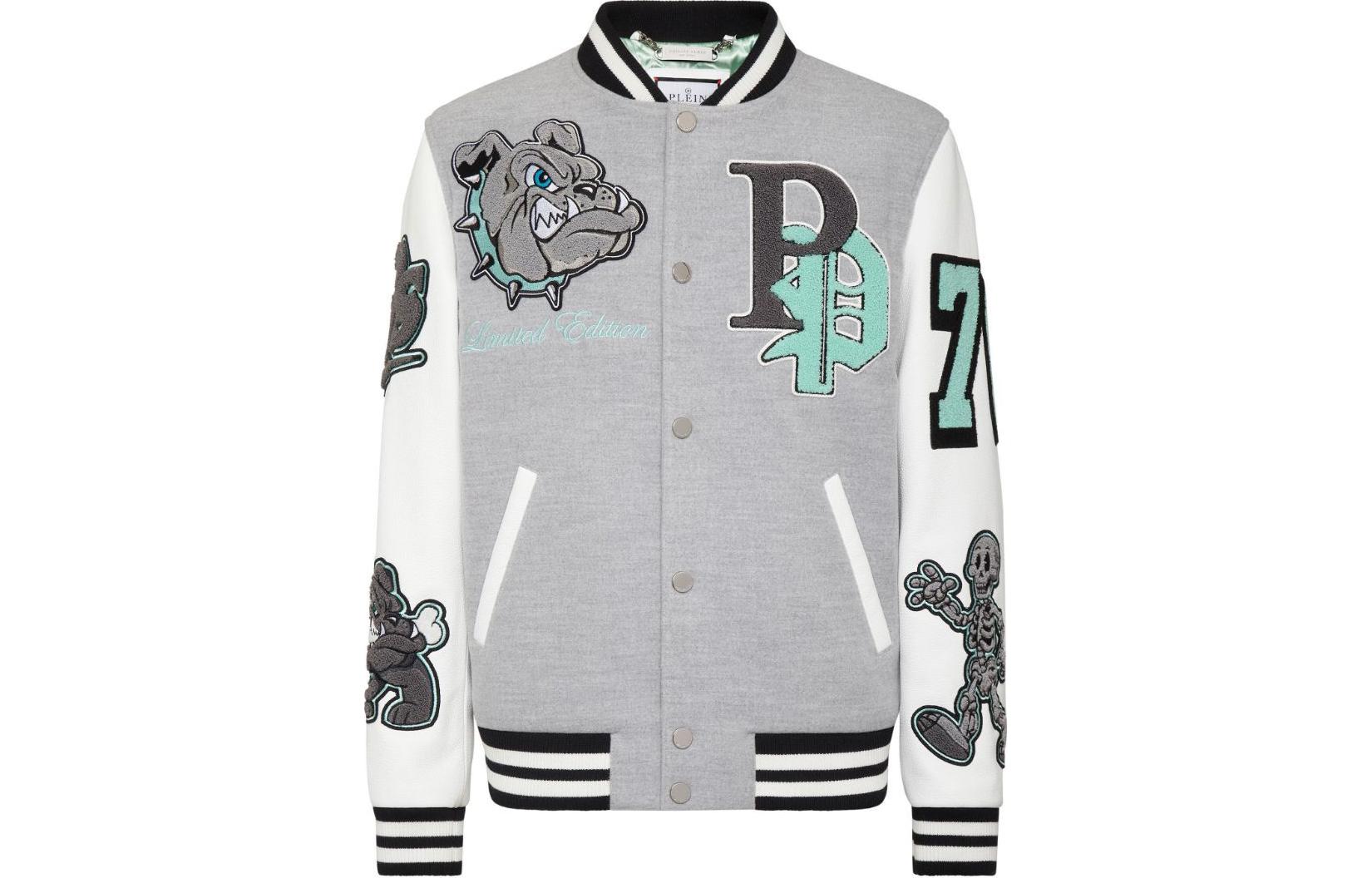 PHILIPP PLEIN SS24 Letter Patch Bomber Jacket Men’s Light Gray SADC-MLB1804-PTE120N-1001