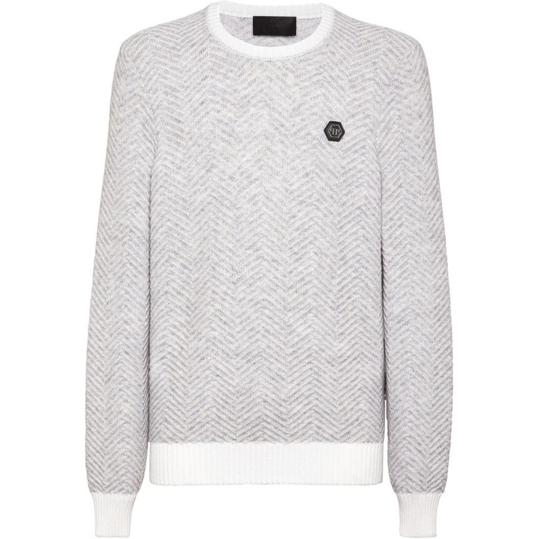 PHILIPP PLEIN SS24 Letter Patch Crewneck Long Sleeve Sweatshirt White (Men) AADC-MKO1419-PTE076N-WHITE