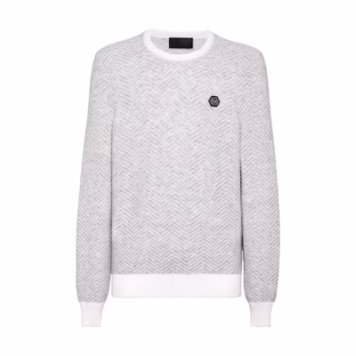 PHILIPP PLEIN SS24 Letter Patch Crewneck Long Sleeve Sweatshirt White (Men) AADC-MKO1419-PTE076N-WHITE