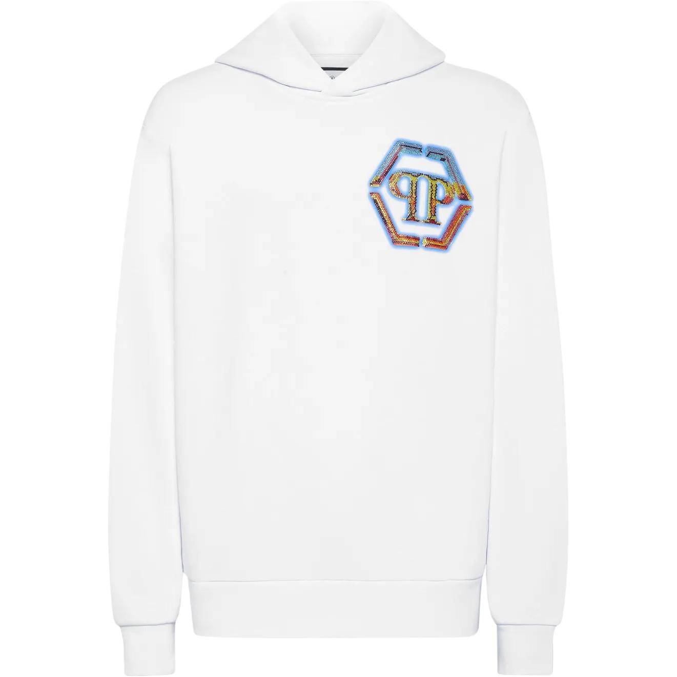PHILIPP PLEIN SS24 Logo Rhinestone Hoodie Long-Sleeve White FADC-MJB3356-PJY002N-WHITE