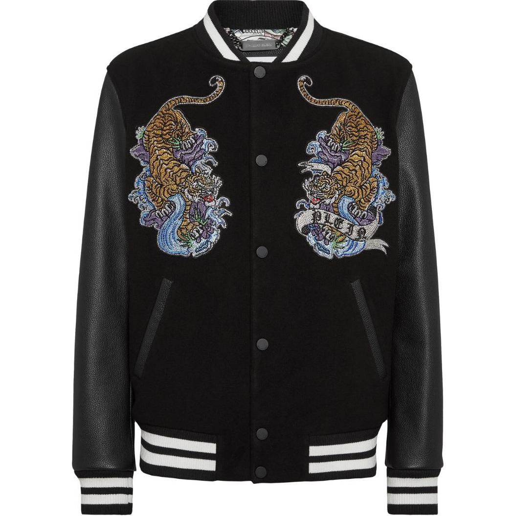 PHILIPP PLEIN SS24 Logo Tiger Embellished Bomber Jacket Black Menswear FADC-MLB1866-PTE120N-02