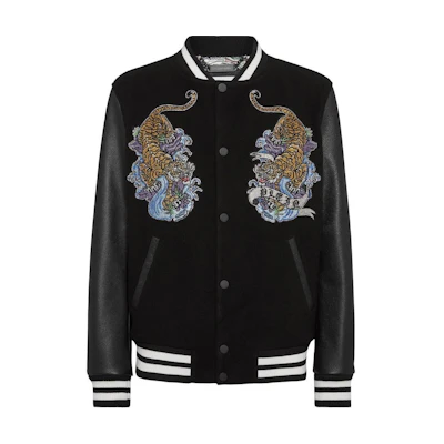 PHILIPP PLEIN SS24 Logo Tiger Embellished Bomber Jacket Black Menswear FADC-MLB1866-PTE120N-02