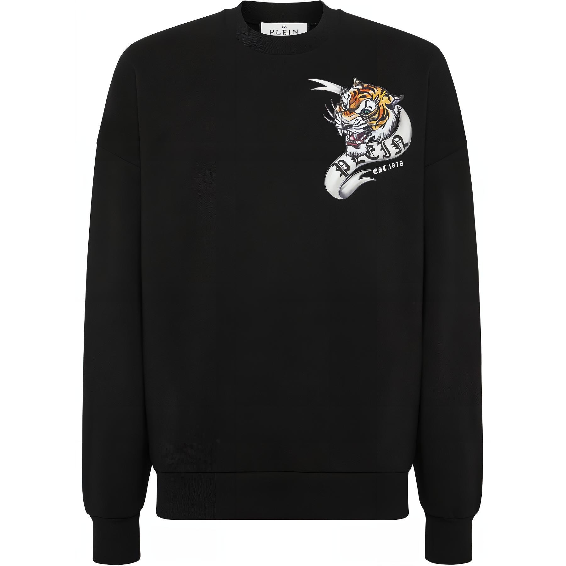 PHILIPP PLEIN SS24 Logo Tiger Graphic Crewneck Sweatshirt Men’s Black FADC-MJO1185-PJO002N-BLACK
