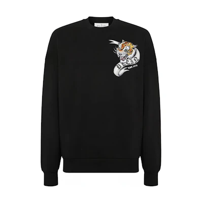 PHILIPP PLEIN SS24 Logo Tiger Graphic Crewneck Sweatshirt Men’s Black FADC-MJO1185-PJO002N-BLACK