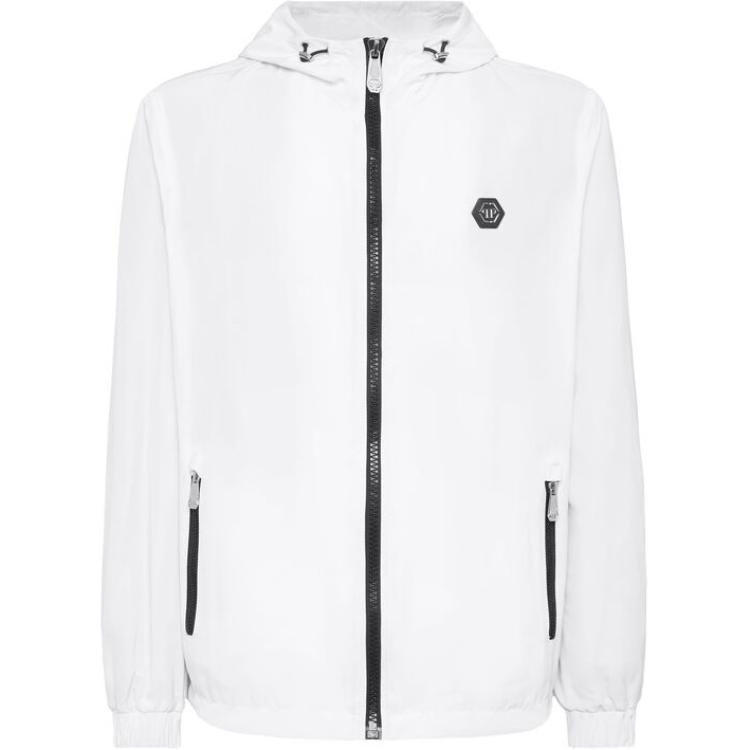 PHILIPP PLEIN SS24 Logo Zip Hoodie Jacket White - Long Sleeve Outerwear PADC-MRB2457-PNY002N-01